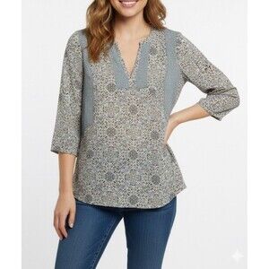 J. Jill Size L  Boho Paisley Rayon Blue Blouse Hippie Peasant Top 3/4 Sleeve